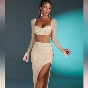 Oh Polly 2 piece embellished cowl neck crop top and maxi skirt in ivory.